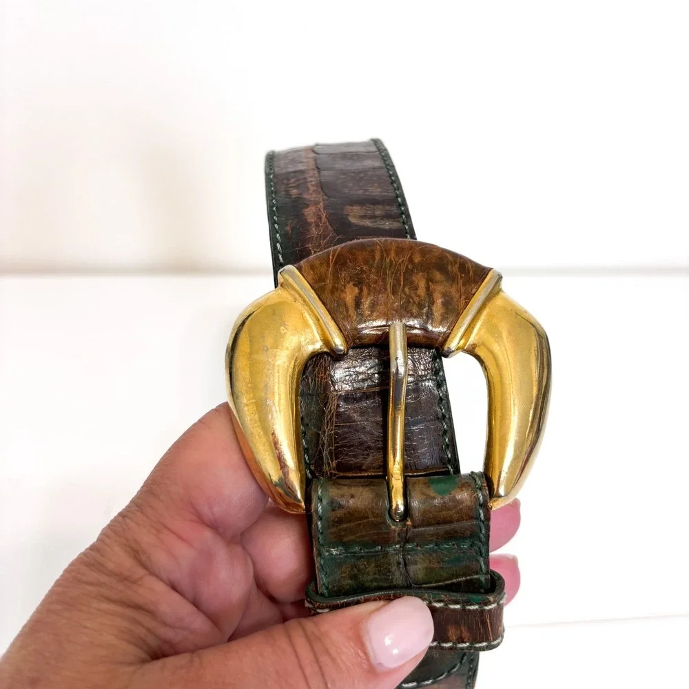 Vintage Glamour Bags Womens Western Leather Belt Size L Brown Green Reptile Boho